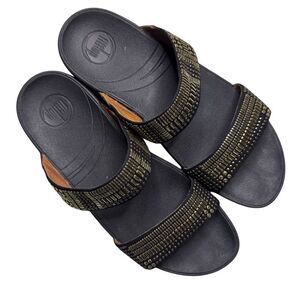 Fitflop Women's Black Gold Aztec Chada Leather Sandals Slide Embellished Size 10